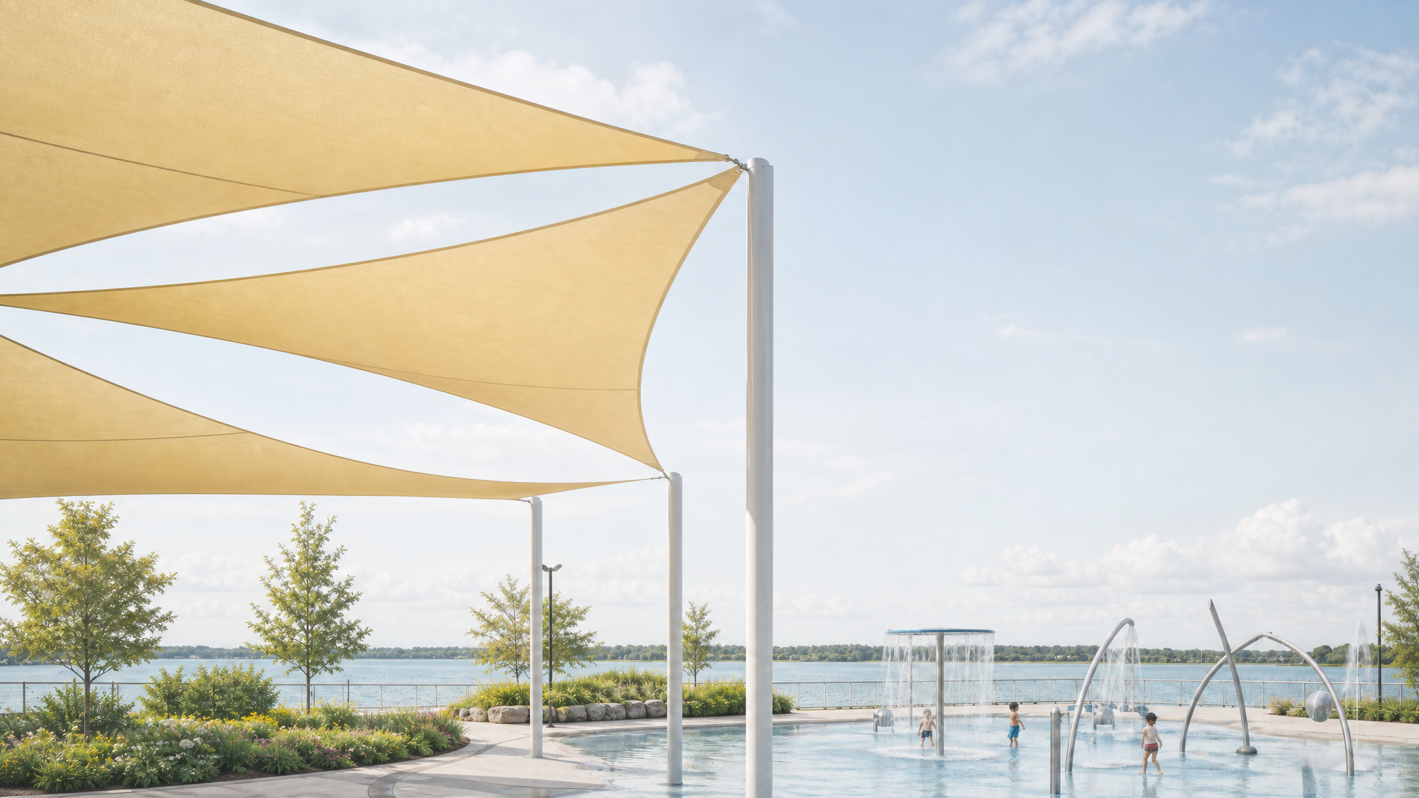 Custom shade sails over a waterfront splash pad